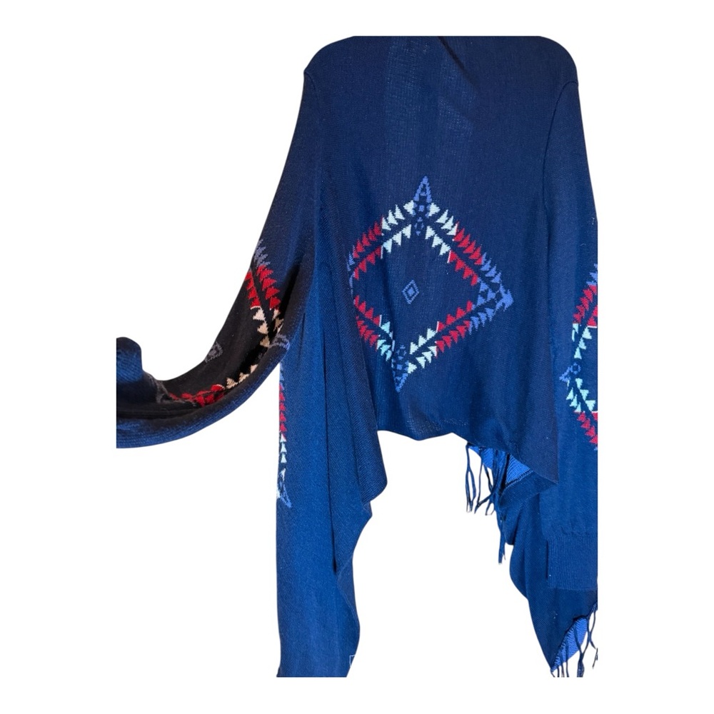 Navy Blue Tribal / Aztec Print Open Draped Cardigan Sweater Fringe Hem Large - Picture 2 of 10